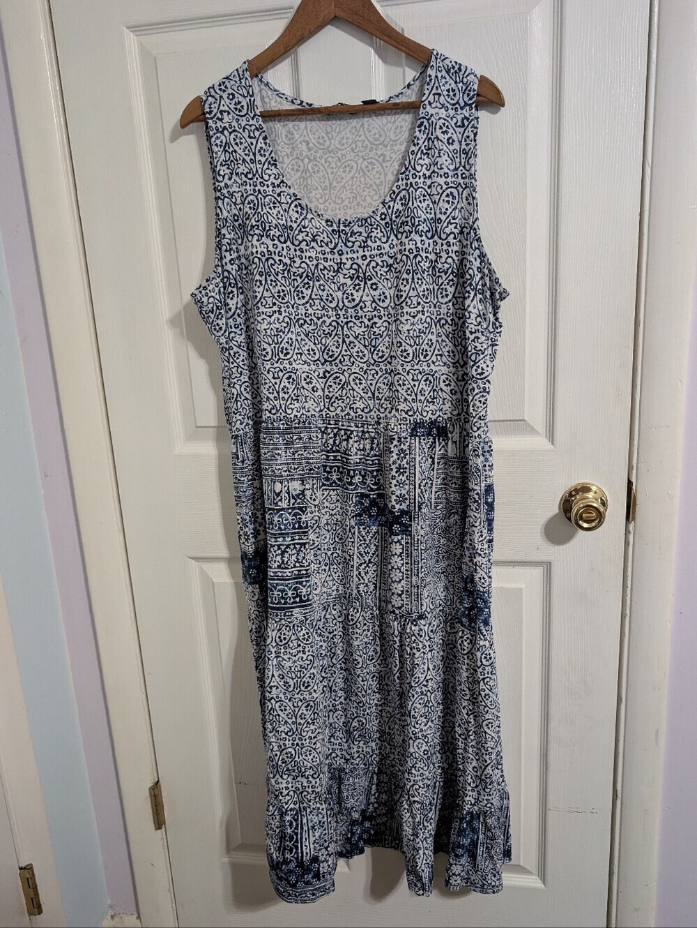 Lands End Womens Dress Blue White Sleeveless Midi Tiered Plus Size 2X